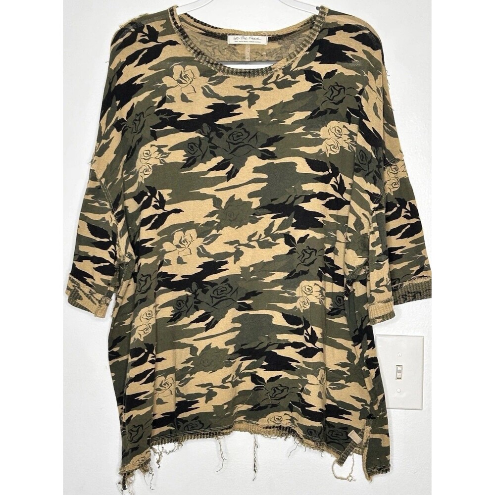 WE THE FREE Camouflage Rose Print Distressed Shirt Women S Oversized Top FP